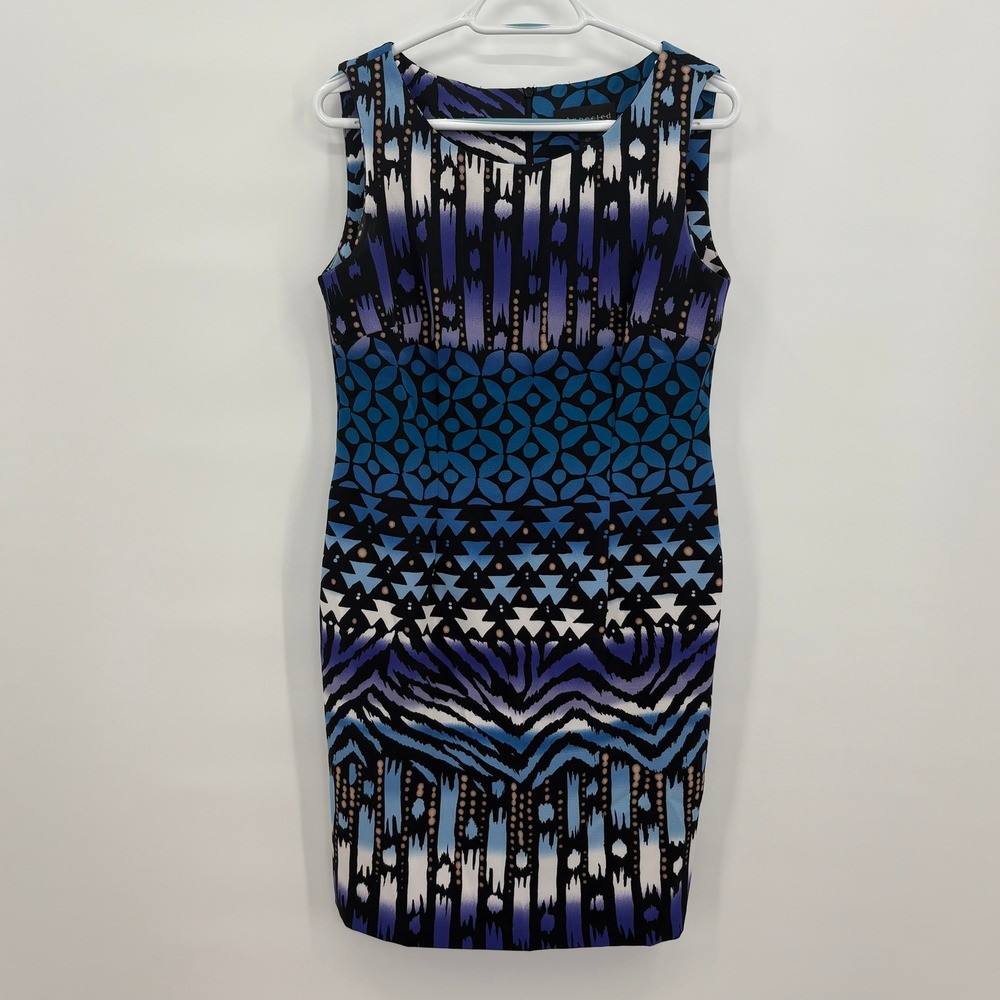 Connected Petite Sleeveless Geometric Ikat Sheath Dress Blue Purple 10P